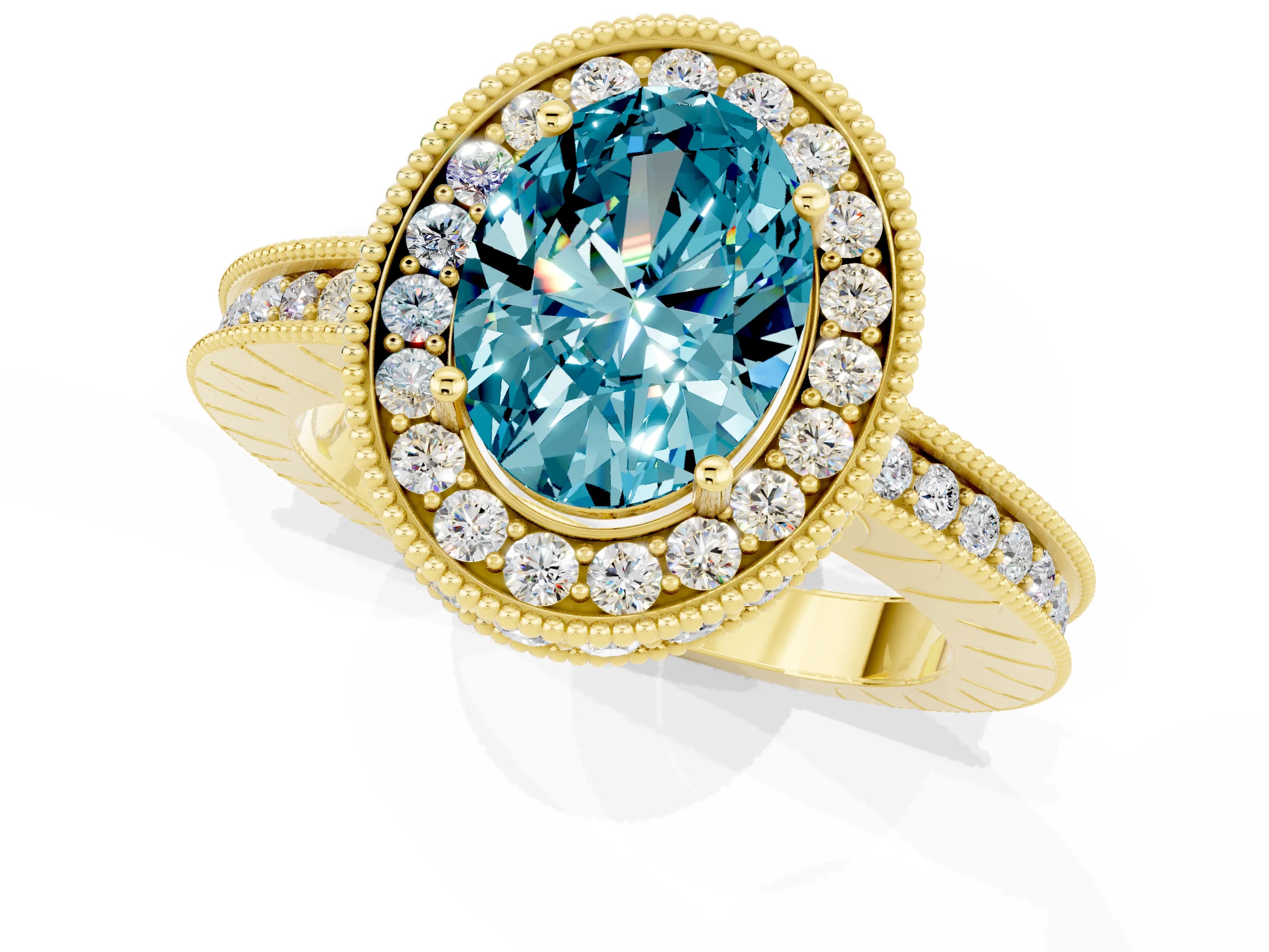 Yellow gold Oval Cut Halo Diamond Engagement Ring with Milgrain Pave Band and Four-Prong Setting_1