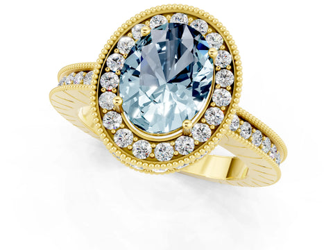 Yellow gold Oval Cut Halo Diamond Engagement Ring with Milgrain Pave Band and Four-Prong Setting_1