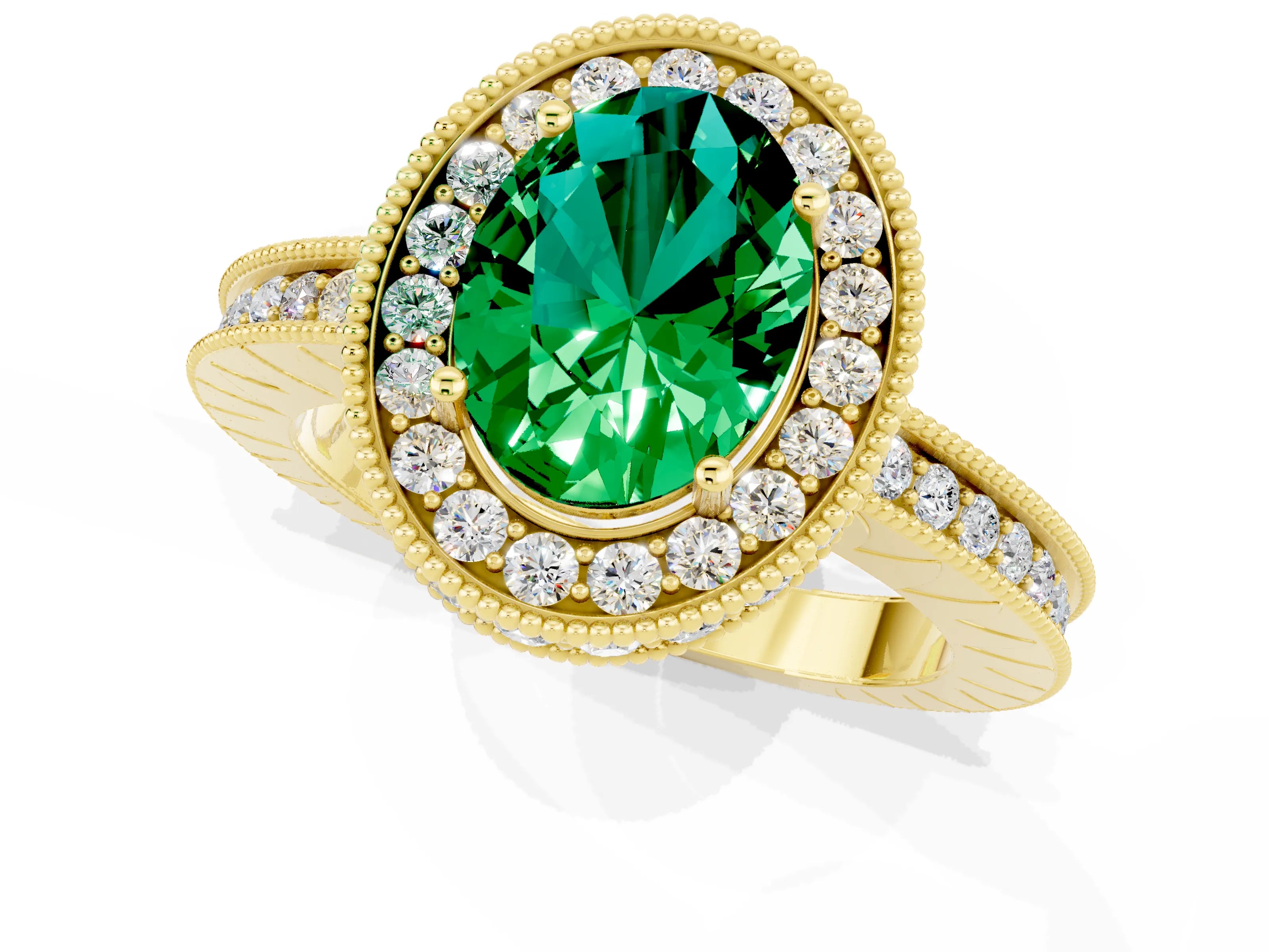 Yellow gold Oval Cut Halo Diamond Engagement Ring with Milgrain Pave Band and Four-Prong Setting_1