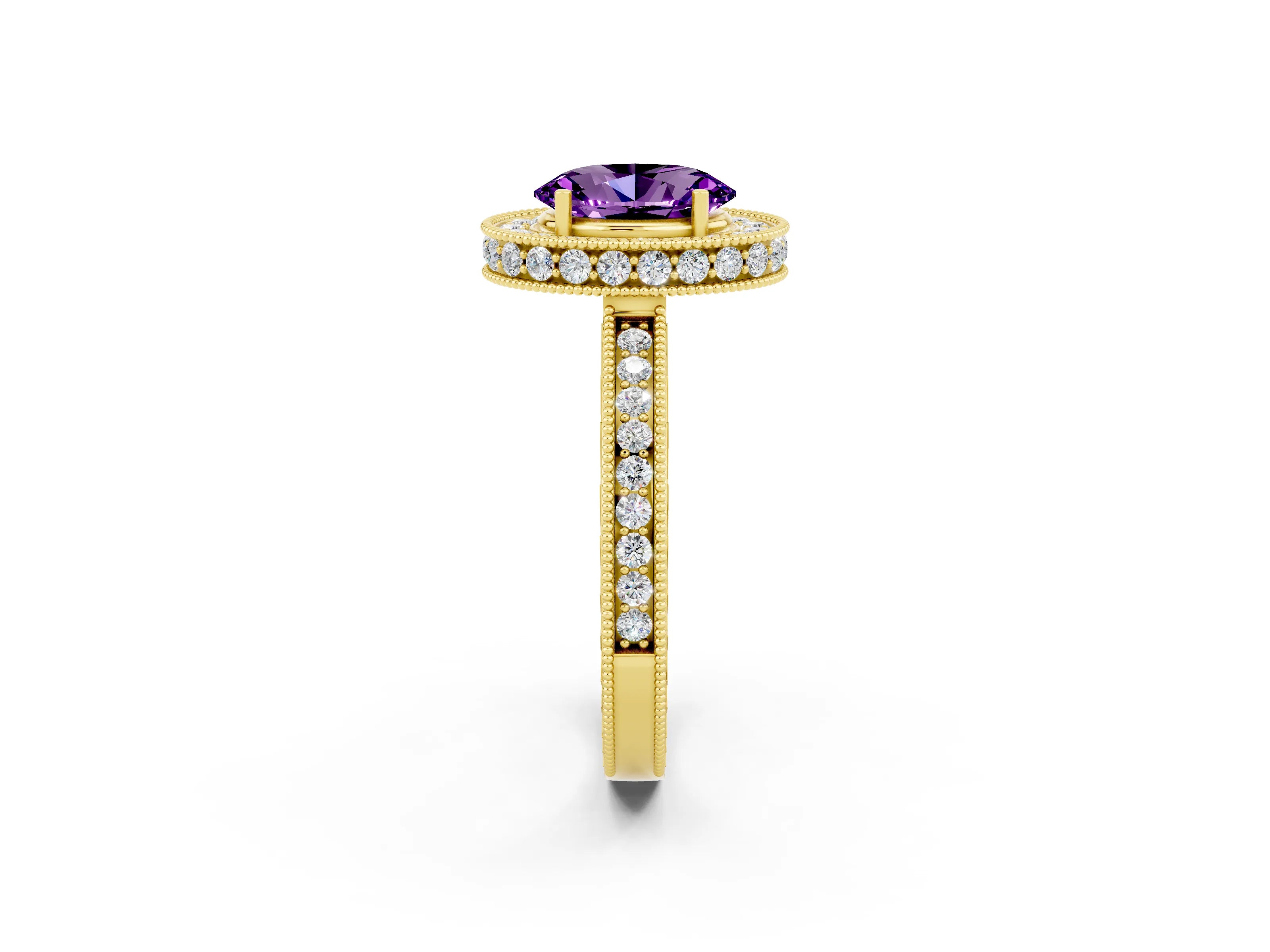 Yellow gold Oval Cut Halo Diamond Engagement Ring with Milgrain Pave Band and Four-Prong Setting_2