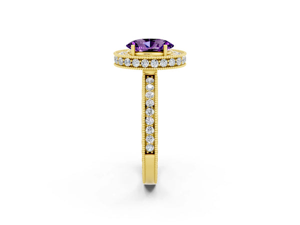 Yellow gold Oval Cut Amethyst Milgrain Halo Engagement Ring with Round Pavé Band and Prong Setting
