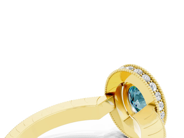 Yellow gold Oval Cut Halo Diamond Engagement Ring with Milgrain Pave Band and Four-Prong Setting