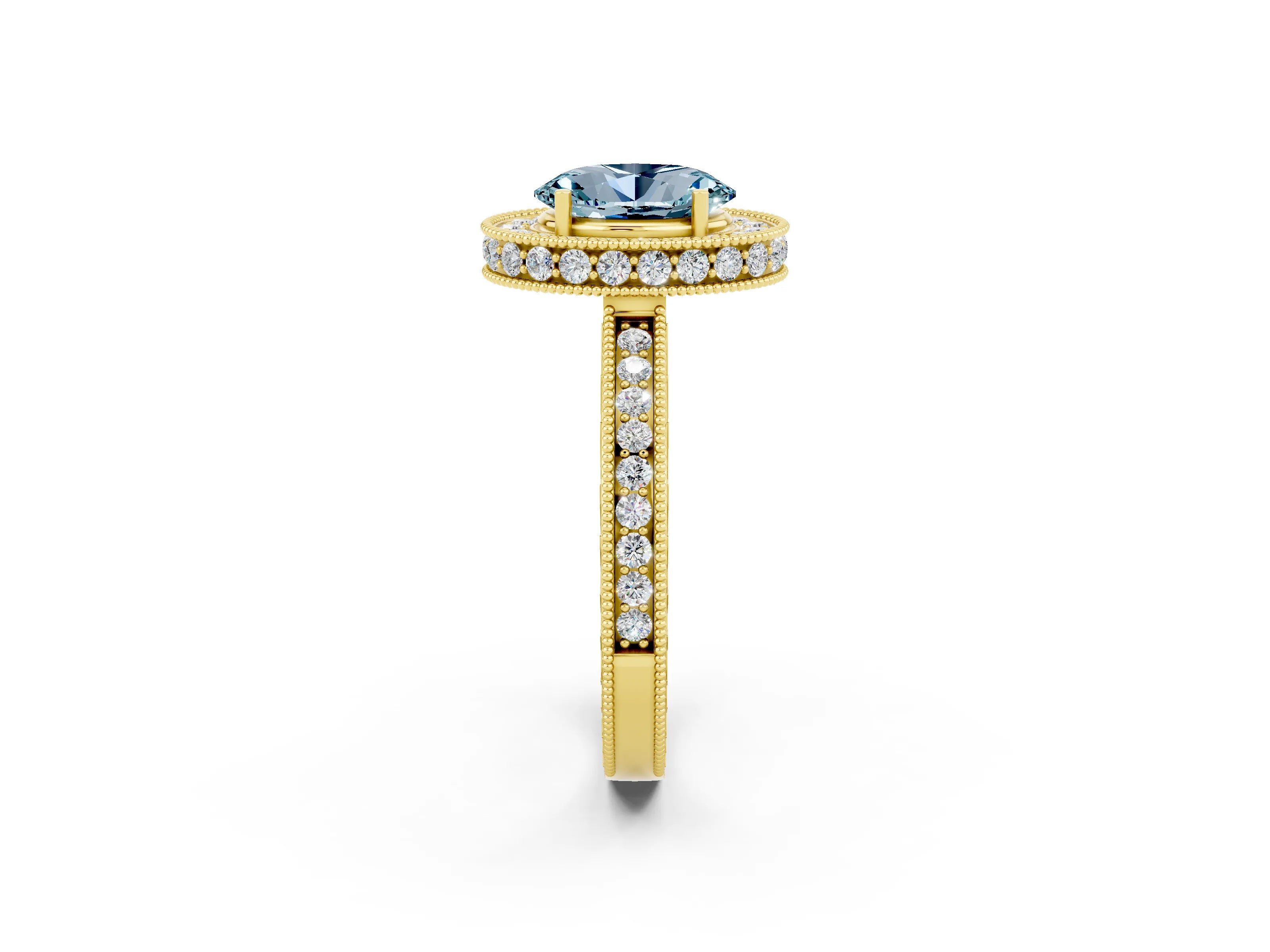 Yellow gold Oval Cut Halo Diamond Engagement Ring with Milgrain Pave Band and Four-Prong Setting_2