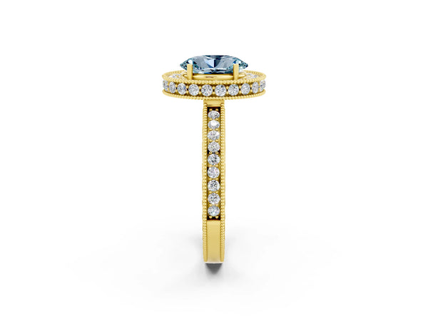 Yellow gold Oval Cut Halo Diamond Engagement Ring with Milgrain Pave Band and Four-Prong Setting
