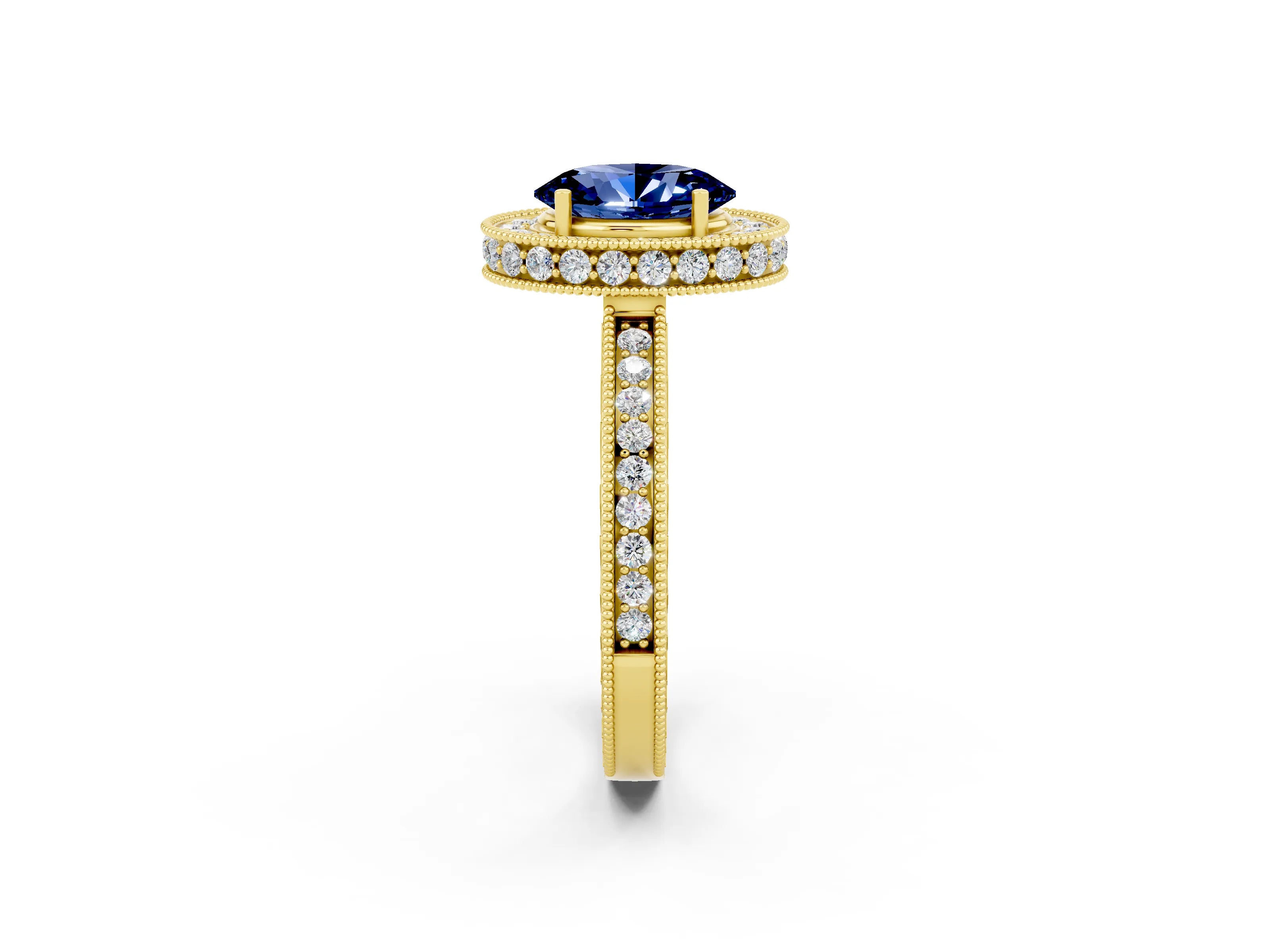 Yellow gold Oval Cut Halo Diamond Engagement Ring with Milgrain Pave Band and Four-Prong Setting_2