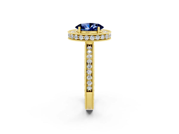 Yellow gold Oval Cut Halo Diamond Engagement Ring with Milgrain Pave Band and Four-Prong Setting