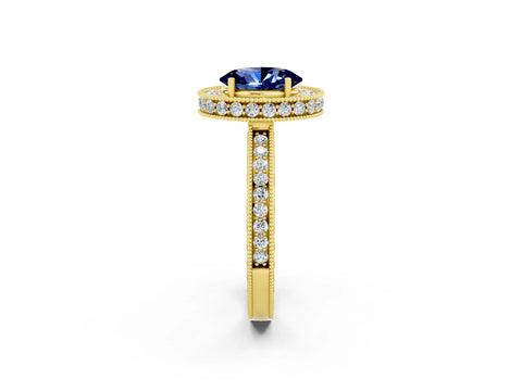 Yellow gold Oval Cut Halo Diamond Engagement Ring with Milgrain Pave Band and Four-Prong Setting_2