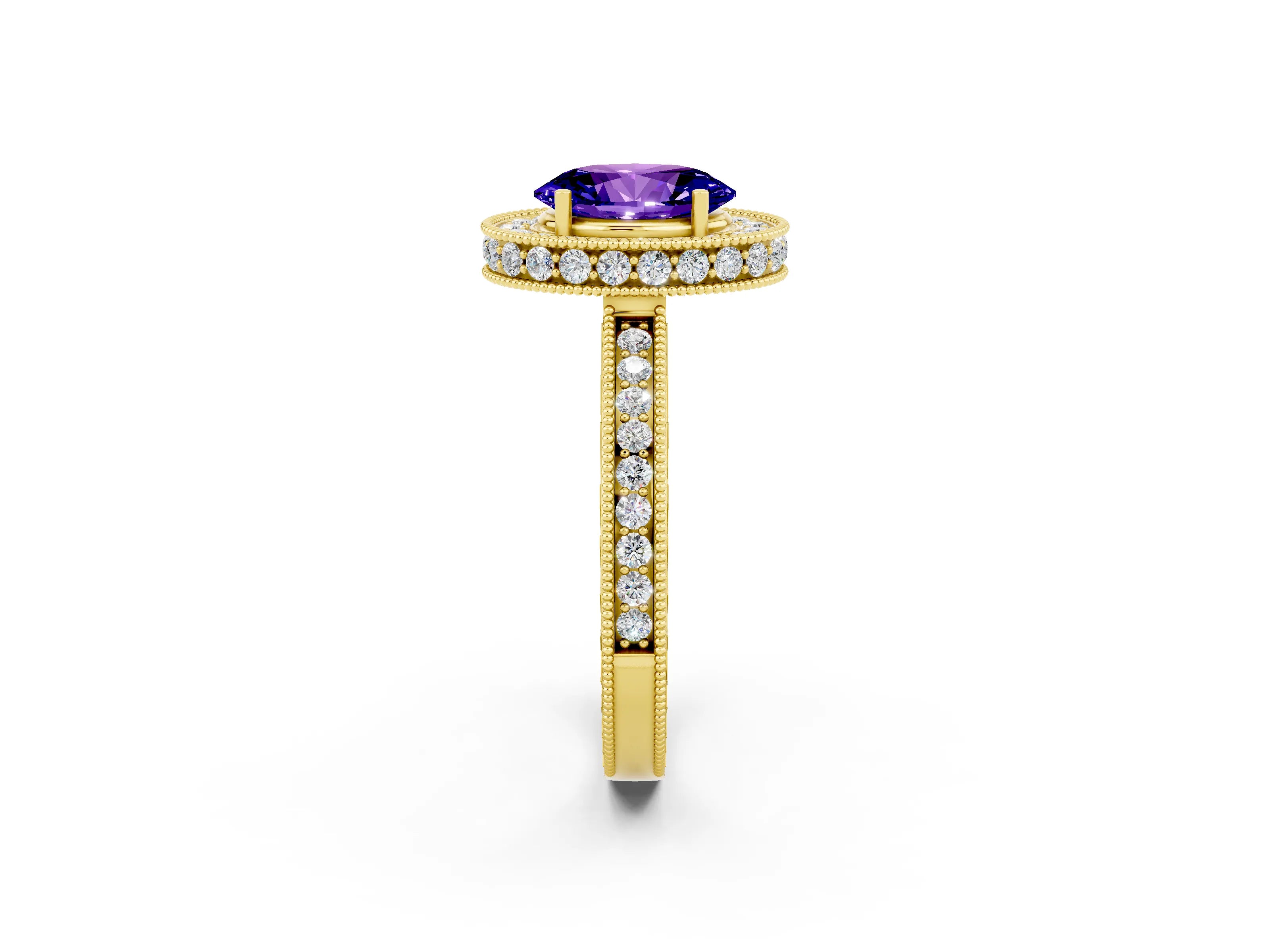 Yellow gold Oval Cut Halo Diamond Engagement Ring with Milgrain Pave Band and Four-Prong Setting_2