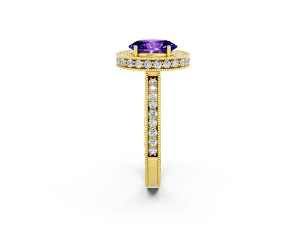 Yellow gold Oval Cut Halo Diamond Engagement Ring with Milgrain Pave Band and Four-Prong Setting