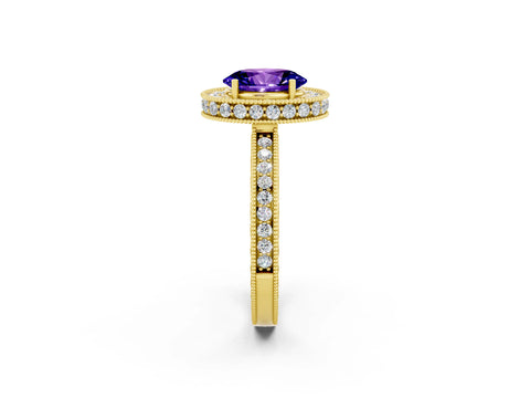 Yellow gold Oval Cut Halo Diamond Engagement Ring with Milgrain Pave Band and Four-Prong Setting_2