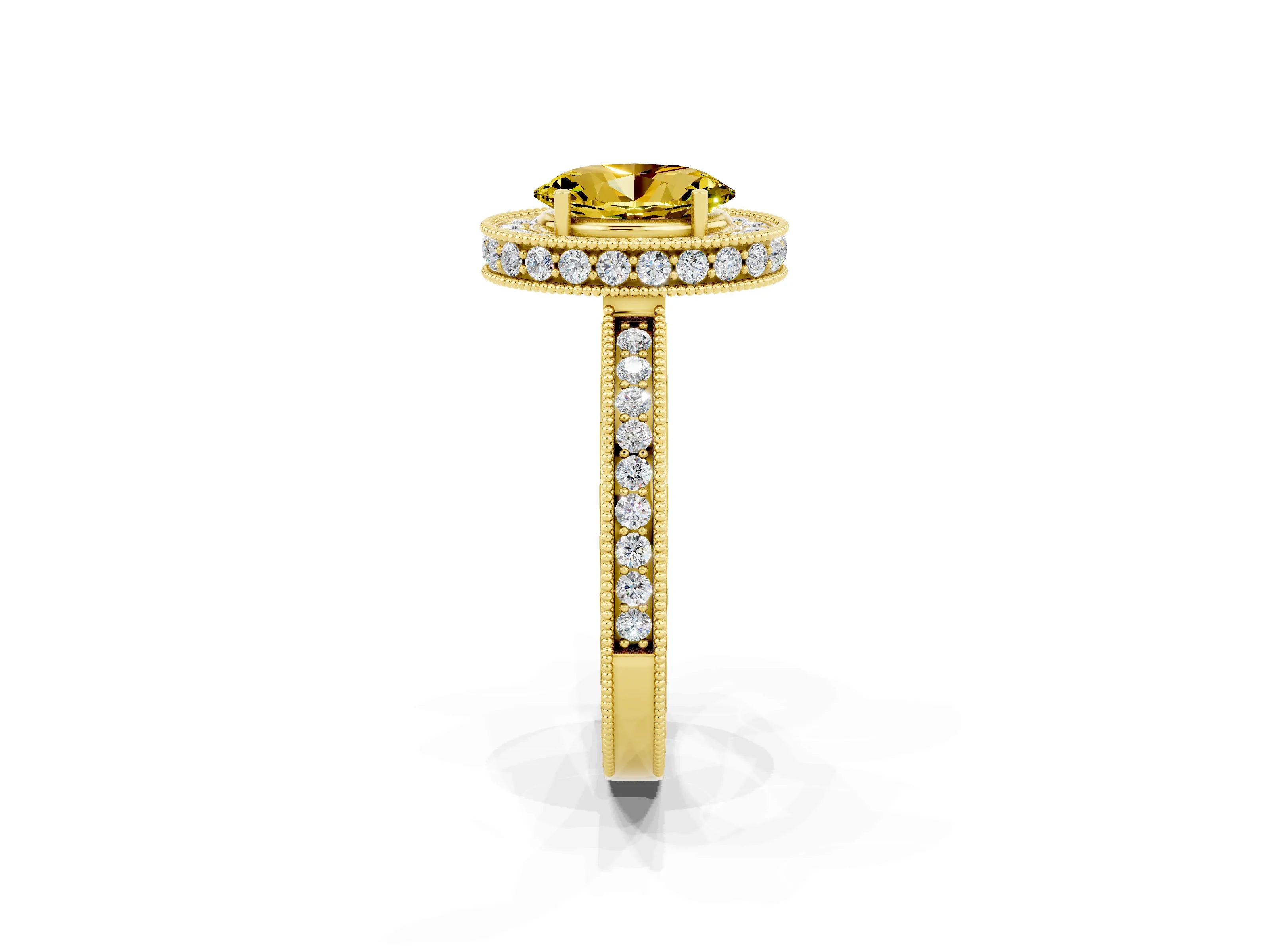 Yellow gold Oval Cut Halo Diamond Engagement Ring with Milgrain Pave Band and Four-Prong Setting_2