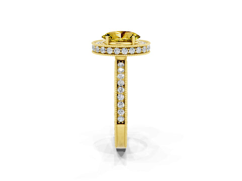 Yellow gold Oval Cut Halo Diamond Engagement Ring with Milgrain Pave Band and Four-Prong Setting_2