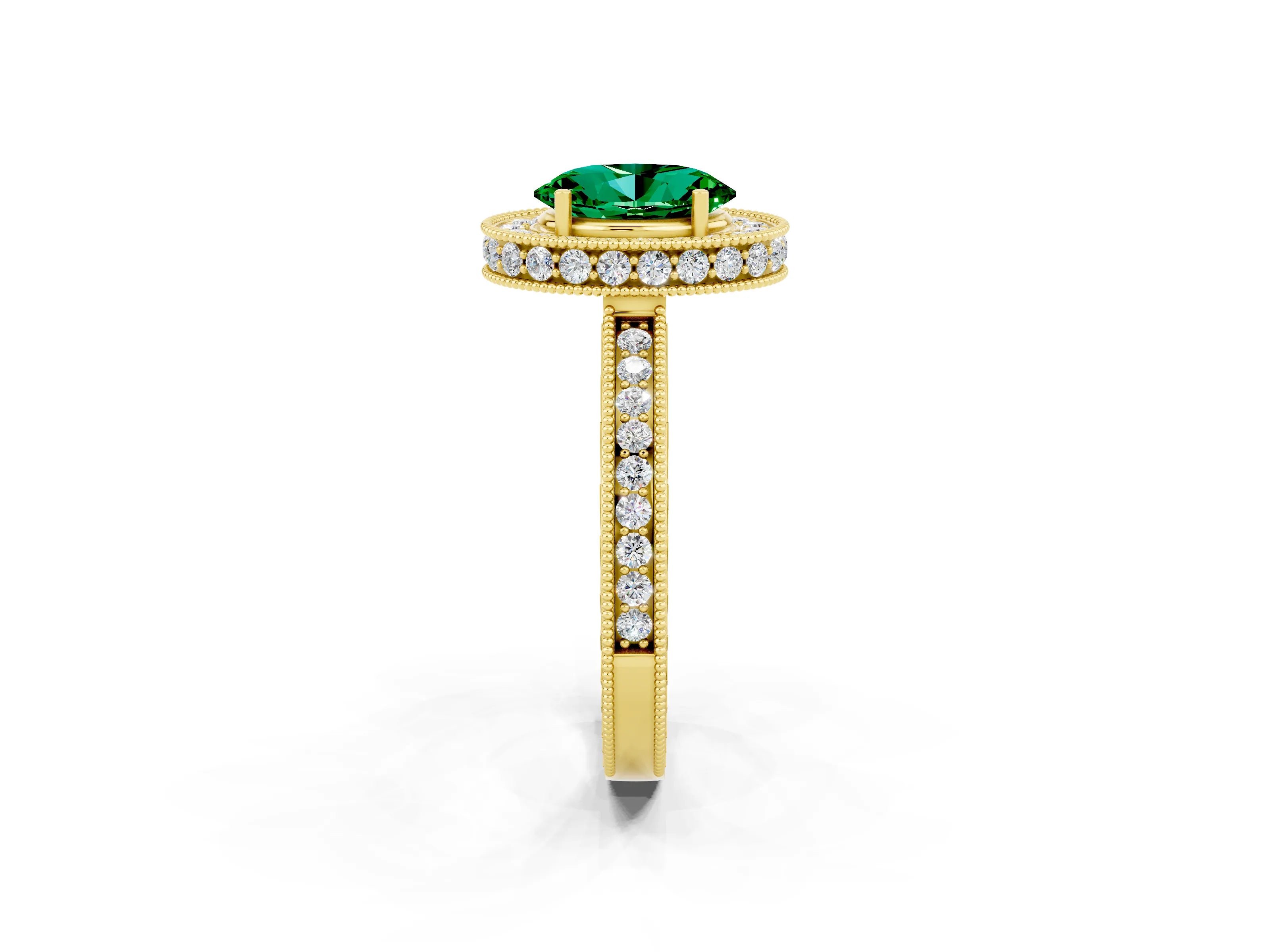 Yellow gold Oval Cut Halo Diamond Engagement Ring with Milgrain Pave Band and Four-Prong Setting_2