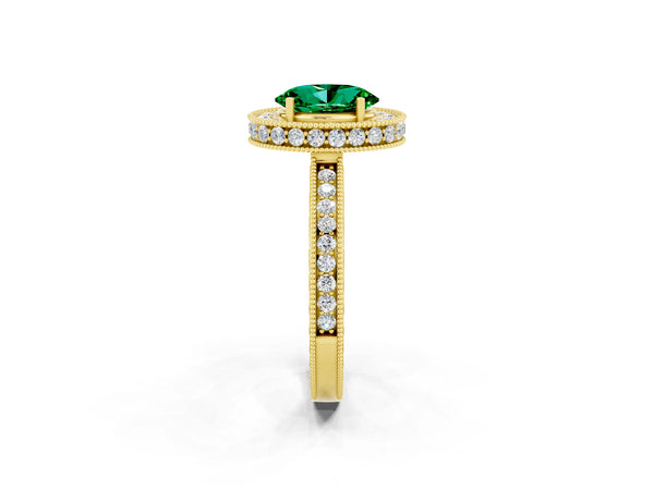 Yellow gold Oval Cut Halo Diamond Engagement Ring with Milgrain Pave Band and Four-Prong Setting
