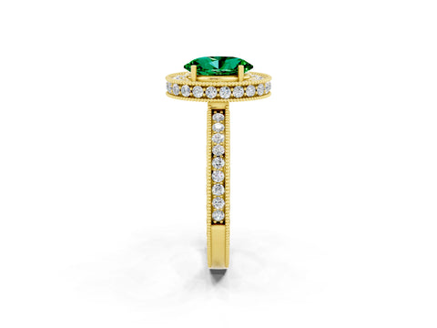 Yellow gold Oval Cut Halo Diamond Engagement Ring with Milgrain Pave Band and Four-Prong Setting_2