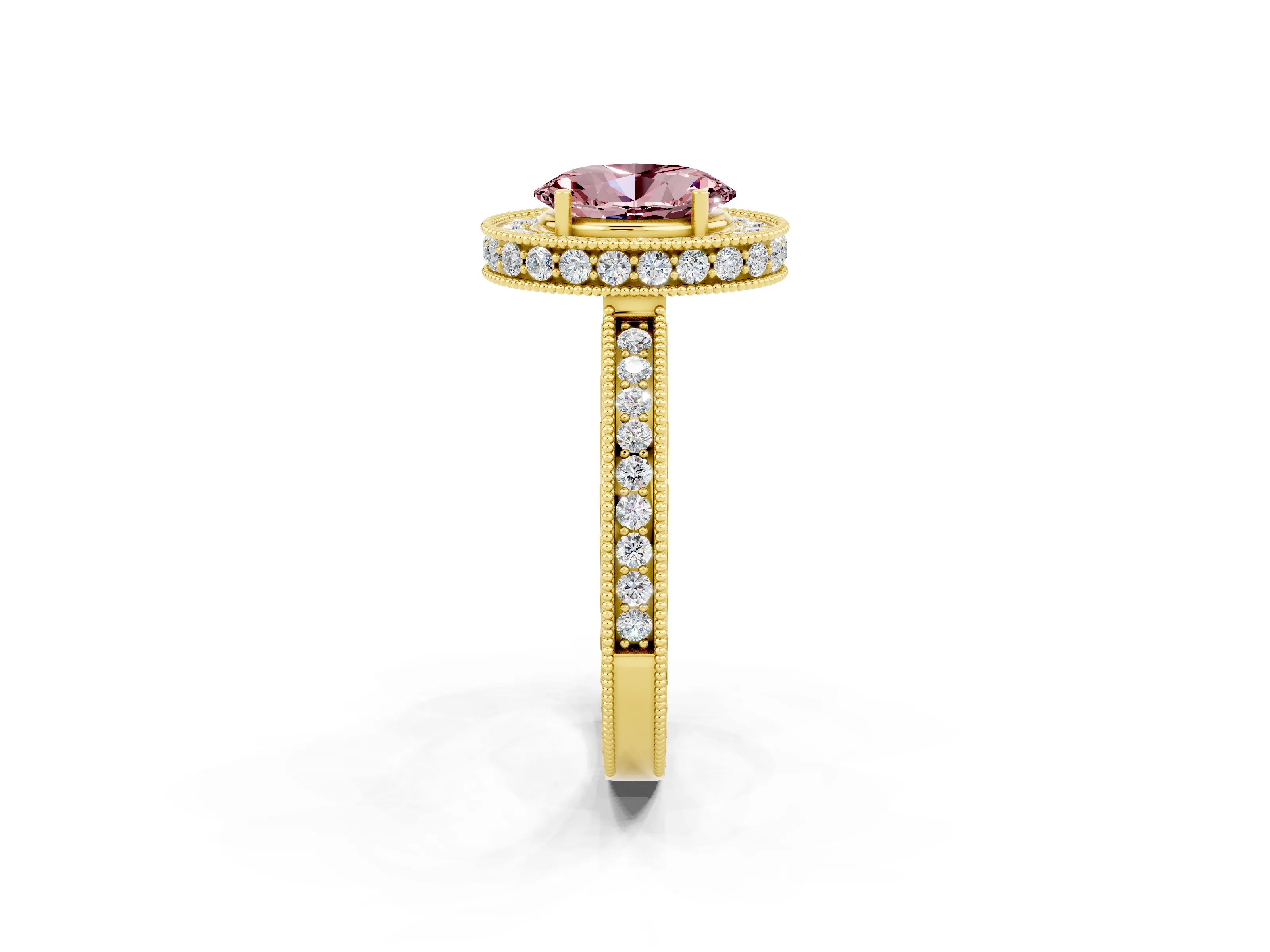 Yellow gold Oval Cut Halo Diamond Engagement Ring with Milgrain Pave Band and Four-Prong Setting_2