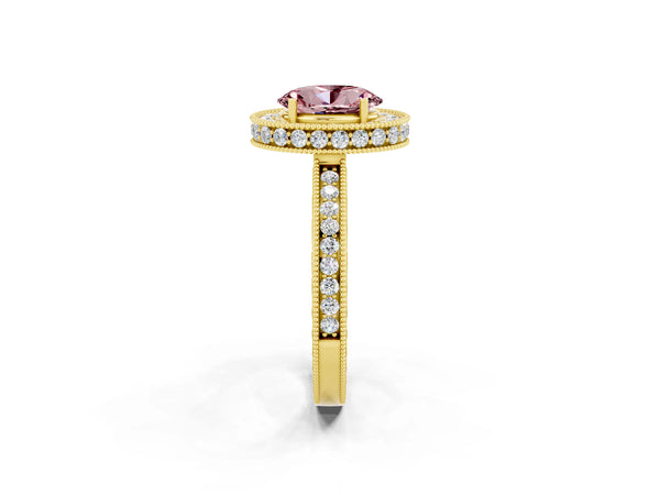 Yellow gold Oval Cut Halo Diamond Engagement Ring with Milgrain Pave Band and Four-Prong Setting