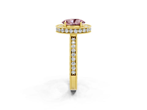Yellow gold Oval Cut Halo Diamond Engagement Ring with Milgrain Pave Band and Four-Prong Setting_2