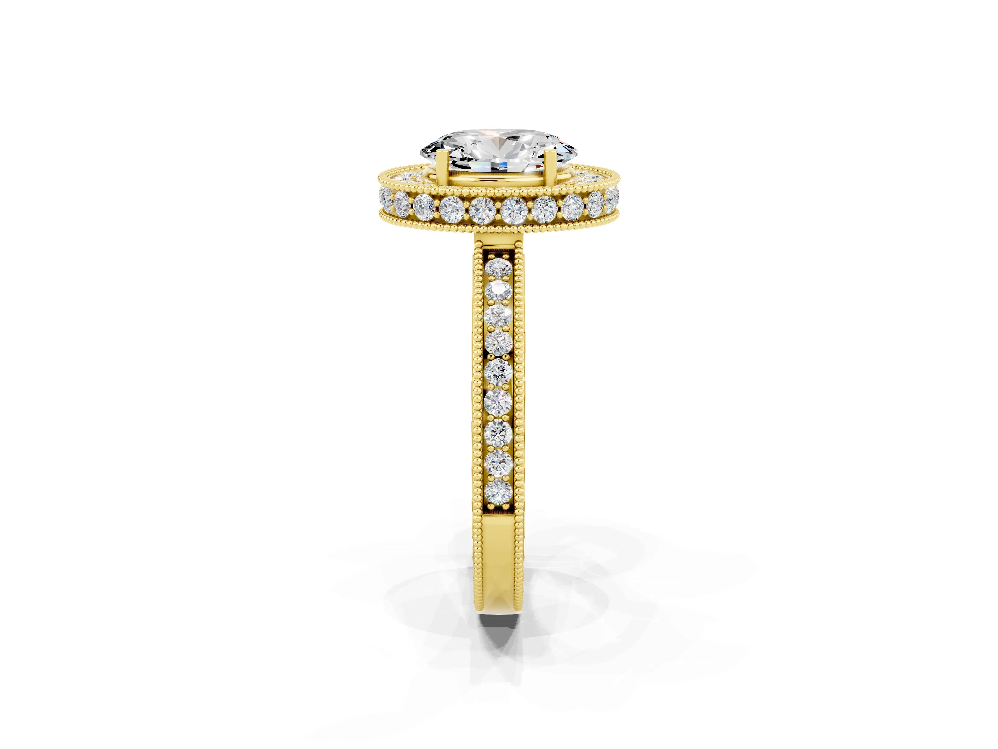 Yellow gold Oval Cut Halo Diamond Engagement Ring with Milgrain Pave Band and Four-Prong Setting_2
