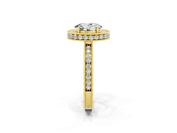 Yellow gold Oval Cut Halo Diamond Engagement Ring with Milgrain Pave Band and Four-Prong Setting