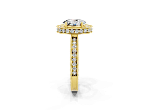 Yellow gold Oval Cut Halo Diamond Engagement Ring with Milgrain Pave Band and Four-Prong Setting_2