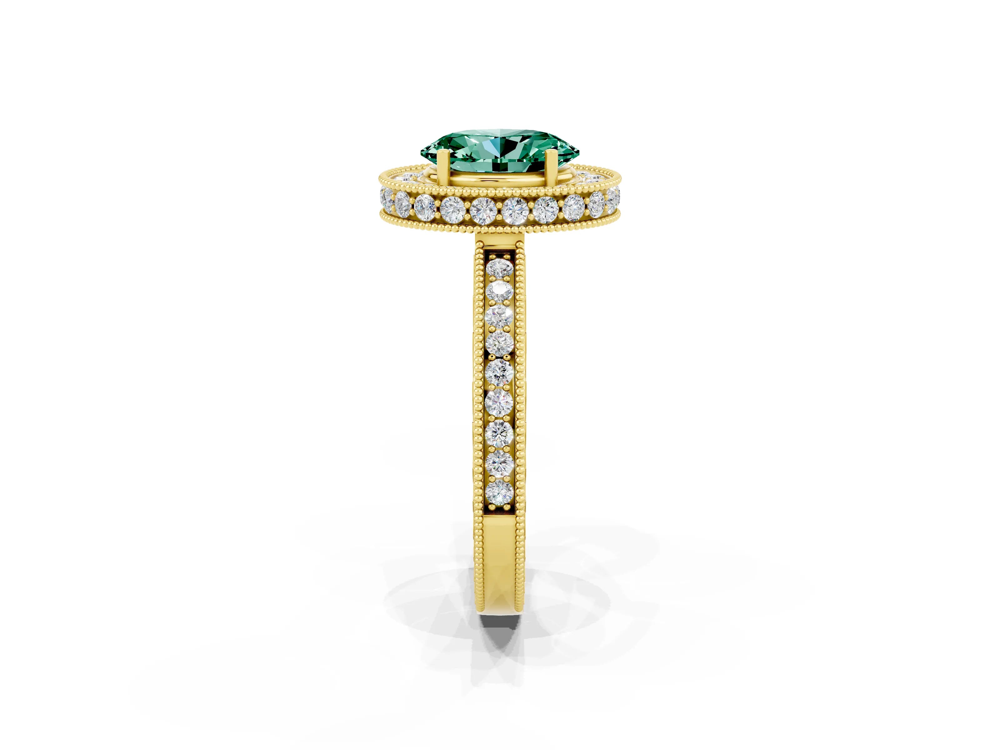 Yellow gold Oval Cut Halo Diamond Engagement Ring with Milgrain Pave Band and Four-Prong Setting_2