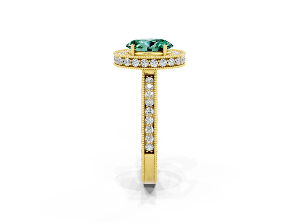 Yellow gold Oval Cut Halo Diamond Engagement Ring with Milgrain Pave Band and Four-Prong Setting