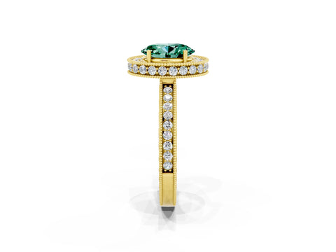 Yellow gold Oval Cut Halo Diamond Engagement Ring with Milgrain Pave Band and Four-Prong Setting_2
