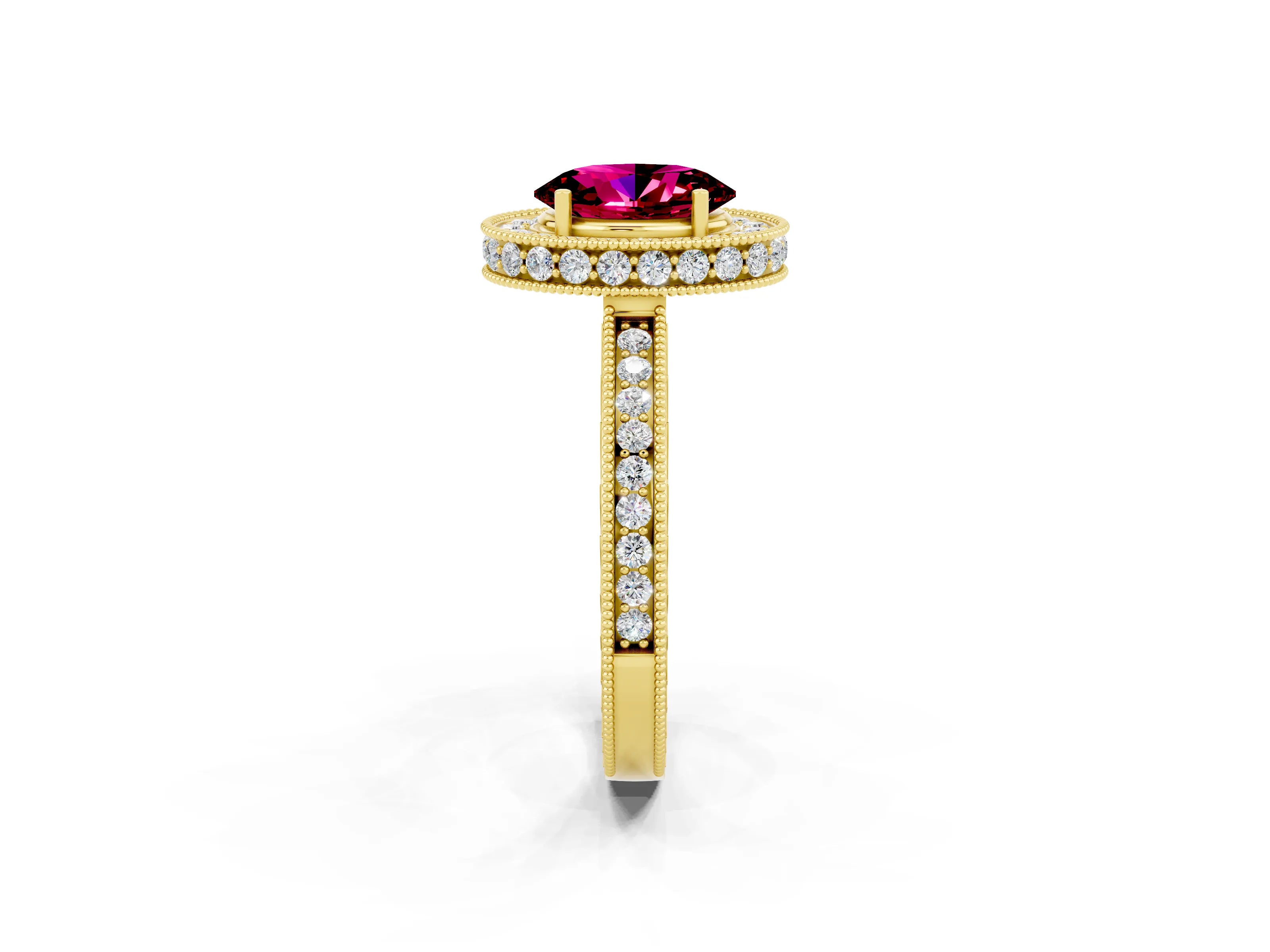 Yellow gold Oval Cut Halo Diamond Engagement Ring with Milgrain Pave Band and Four-Prong Setting_2