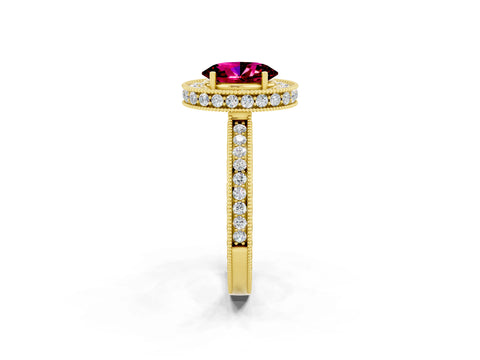Yellow gold Oval Cut Halo Diamond Engagement Ring with Milgrain Pave Band and Four-Prong Setting_2