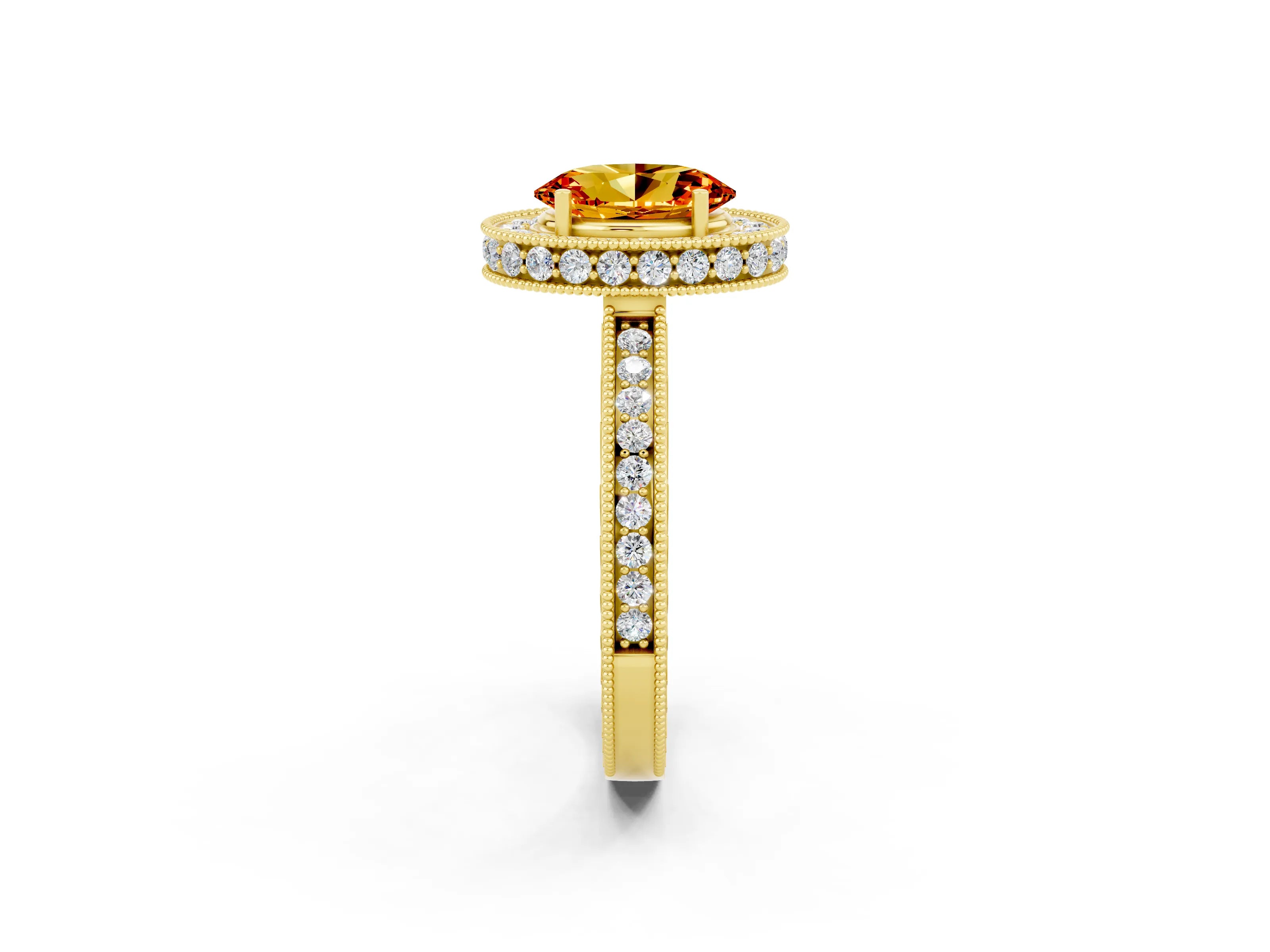 Yellow gold Oval Cut Halo Diamond Engagement Ring with Milgrain Pave Band and Four-Prong Setting_2