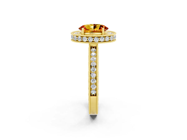 Yellow gold Oval Cut Halo Diamond Engagement Ring with Milgrain Pave Band and Four-Prong Setting