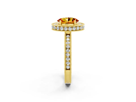 Yellow gold Oval Cut Halo Diamond Engagement Ring with Milgrain Pave Band and Four-Prong Setting_2