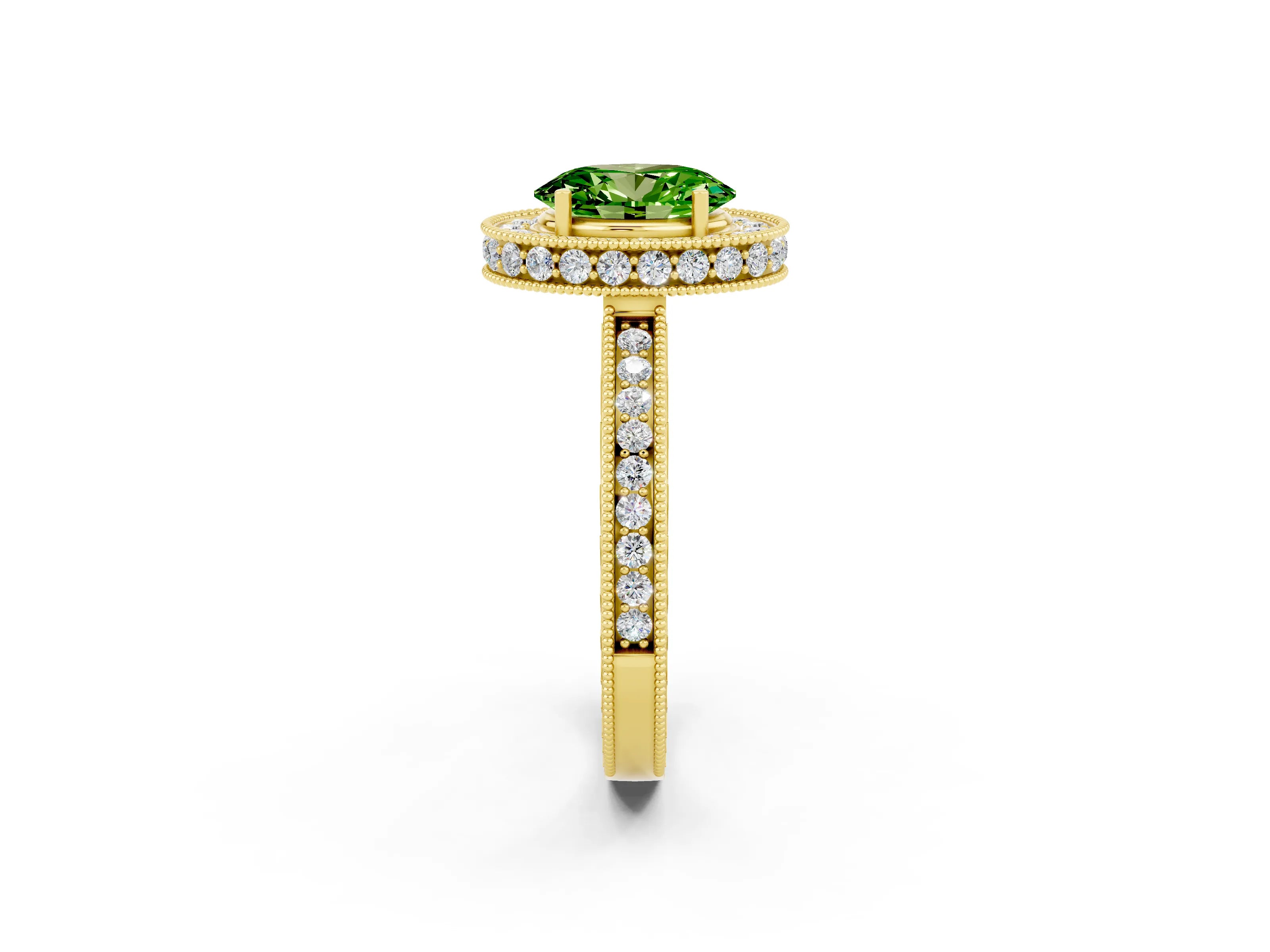 Yellow gold Oval Cut Halo Diamond Engagement Ring with Milgrain Pave Band and Four-Prong Setting_2