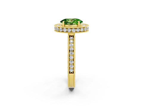Yellow gold Oval Cut Halo Diamond Engagement Ring with Milgrain Pave Band and Four-Prong Setting_2