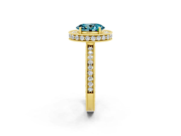 Yellow gold Oval Cut Halo Diamond Engagement Ring with Milgrain Pave Band and Four-Prong Setting