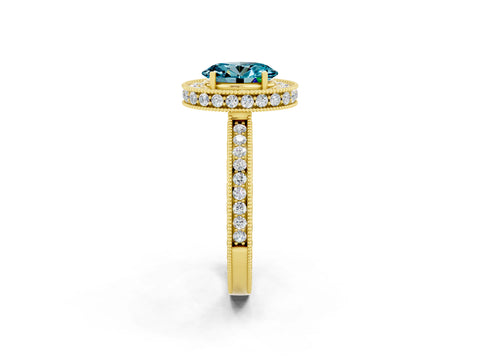 Yellow gold Oval Cut Halo Diamond Engagement Ring with Milgrain Pave Band and Four-Prong Setting_2