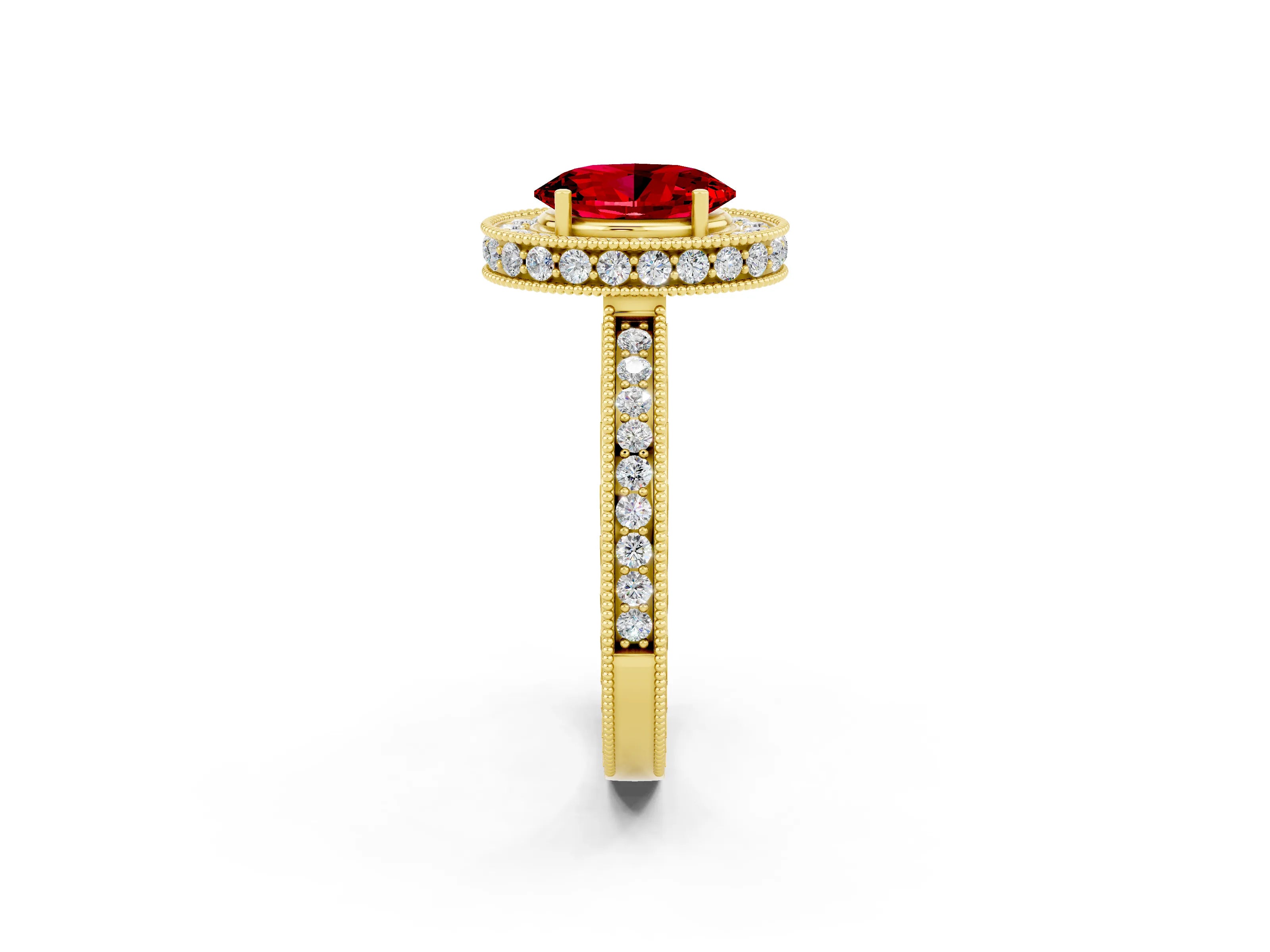 Yellow gold Oval Cut Halo Diamond Engagement Ring with Milgrain Pave Band and Four-Prong Setting_2
