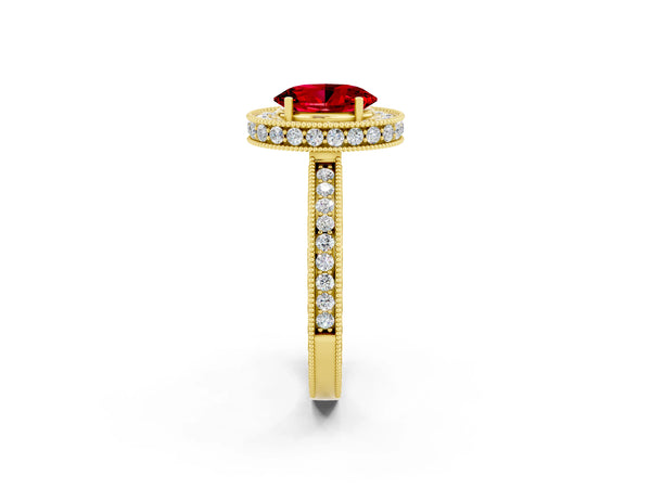 Yellow gold Oval Cut Halo Diamond Engagement Ring with Milgrain Pave Band and Four-Prong Setting