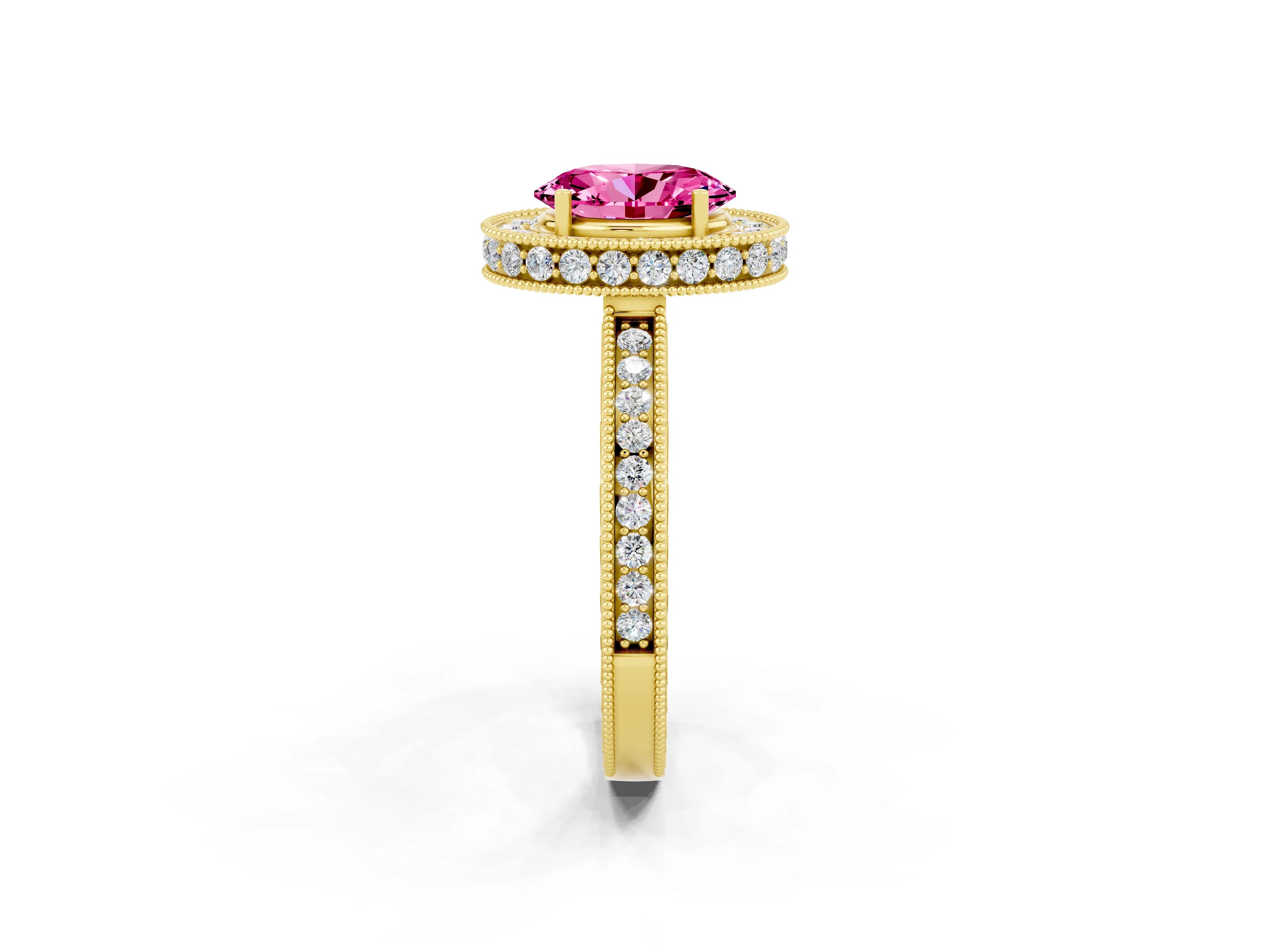 Yellow gold Oval Cut Halo Diamond Engagement Ring with Milgrain Pave Band and Four-Prong Setting_2
