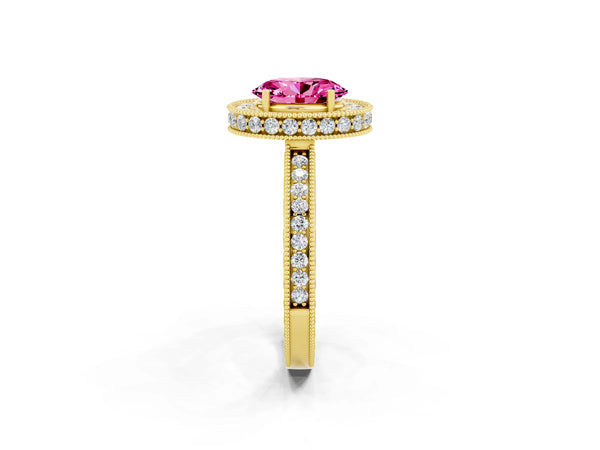 Yellow gold Oval Cut Halo Diamond Engagement Ring with Milgrain Pave Band and Four-Prong Setting