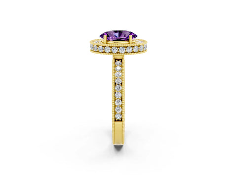 Yellow gold Oval Cut Halo Diamond Engagement Ring with Milgrain Pave Band and Four-Prong Setting_2
