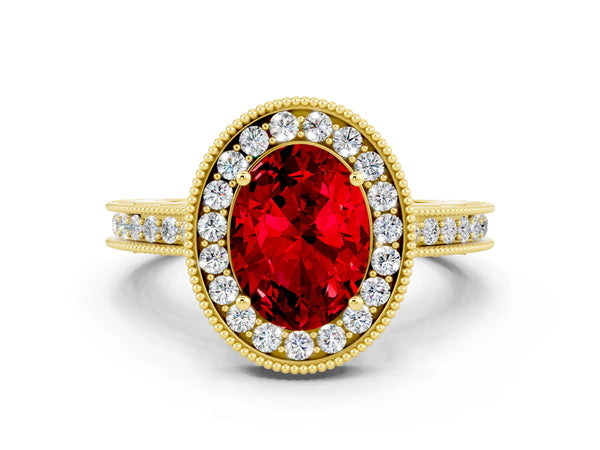 Yellow gold Oval Cut Halo Diamond Engagement Ring with Milgrain Pave Band and Four-Prong Setting
