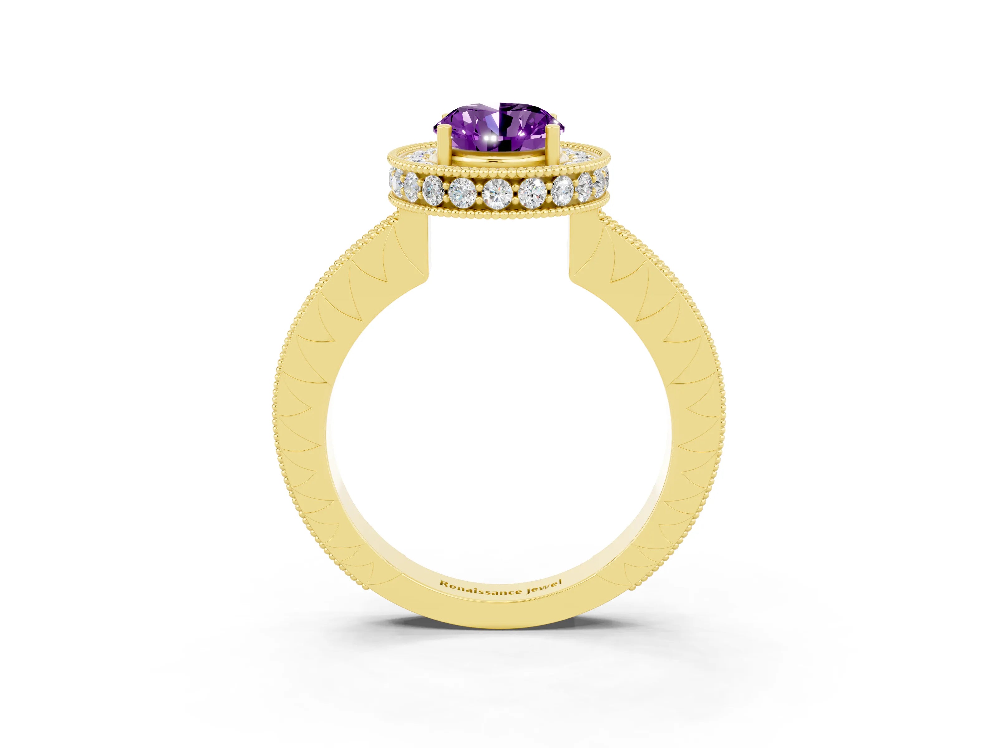 Yellow gold Oval Cut Halo Diamond Engagement Ring with Milgrain Pave Band and Four-Prong Setting_3