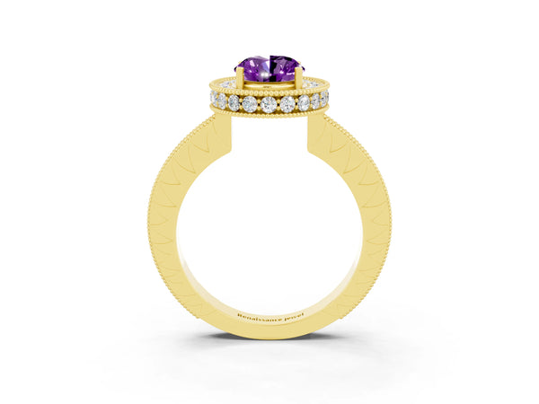 Yellow gold Oval Cut Amethyst Milgrain Halo Engagement Ring with Round Pavé Band and Prong Setting