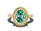 Yellow gold Oval Cut Halo Diamond Engagement Ring with Milgrain Pave Band and Four-Prong Setting