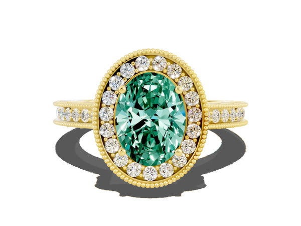 Yellow gold Oval Cut Halo Diamond Engagement Ring with Milgrain Pave Band and Four-Prong Setting