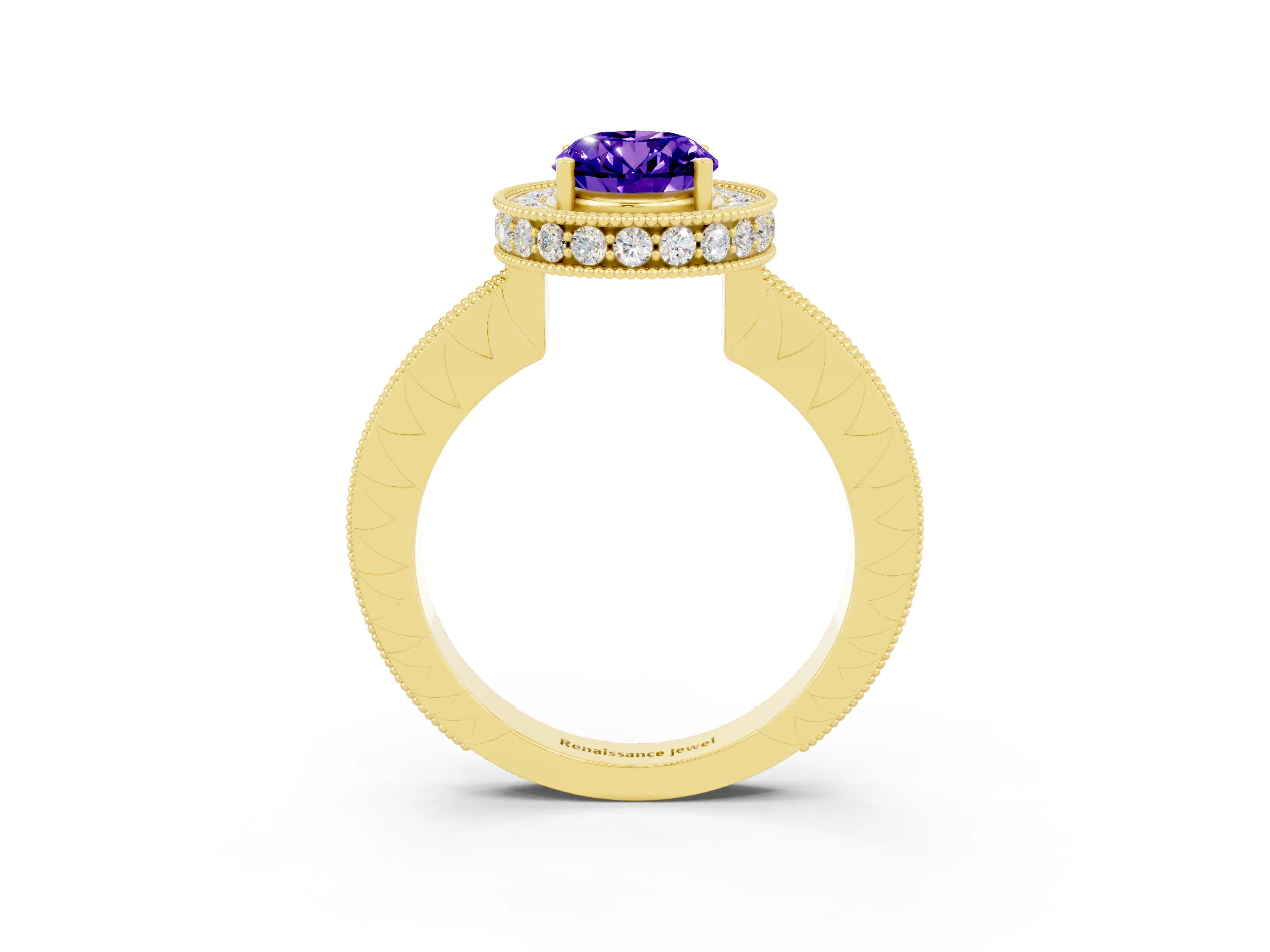 Yellow gold Oval Cut Halo Diamond Engagement Ring with Milgrain Pave Band and Four-Prong Setting_3