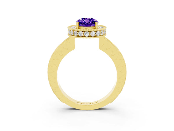 Yellow gold Oval Cut Halo Diamond Engagement Ring with Milgrain Pave Band and Four-Prong Setting