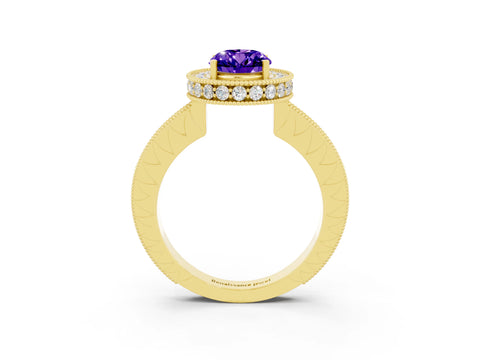Yellow gold Oval Cut Halo Diamond Engagement Ring with Milgrain Pave Band and Four-Prong Setting_3